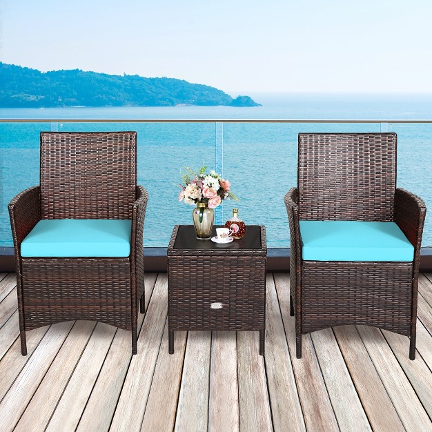 Costway 3pcs Patio Rattan Furniture Set Cushioned Sofa Glass Tabletop Deck Red blue White