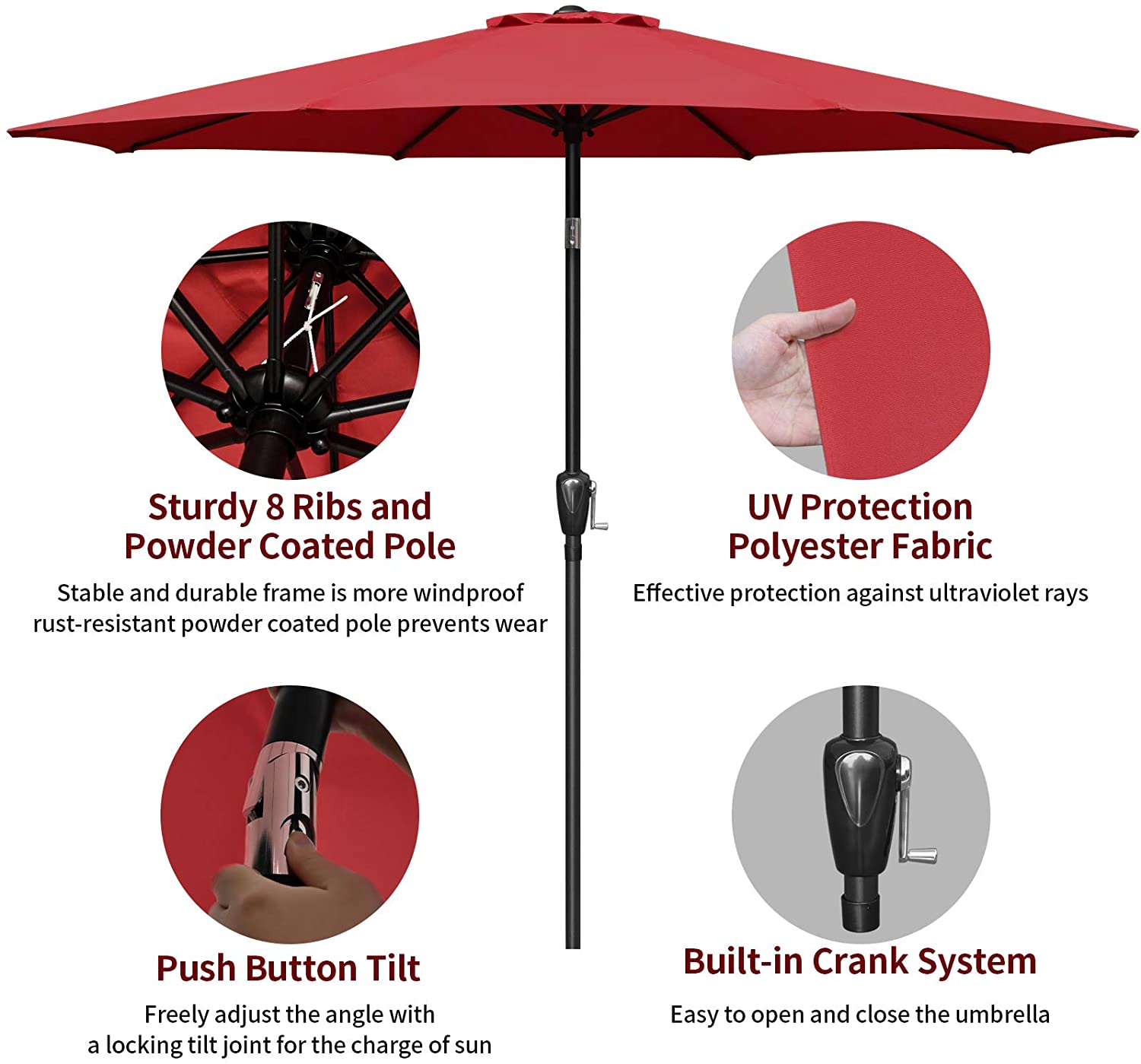 Simple Deluxe 9ft Outdoor Market Table Patio Umbrella with Button Tilt and 8 Sturdy Ribs, Red