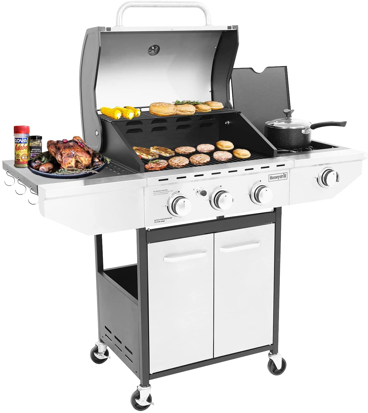 DIMAR GARDEN 3-Burner Propane Gas Grill with Side Burner, Outdoor Cabinet Grill for BBQ, Stainless Steel