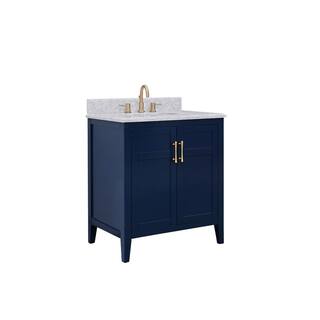 Home Decorators Collection Sturgess 31 in. W x 22 in. D x 35 in. H Bathroom Vanity in Navy Blue with Carrara White Marble Top 19111-VS31-NB