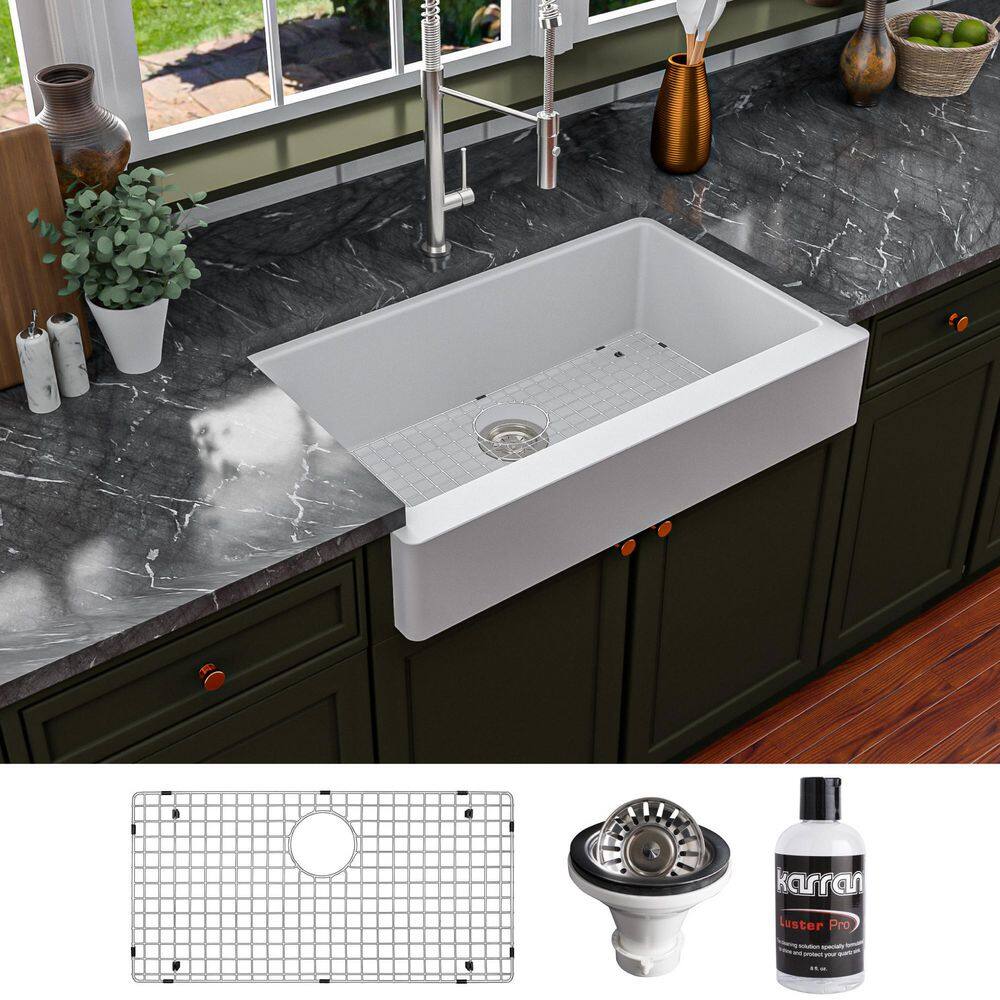 Karran QAR-740 QuartzGranite 34 in. Single Bowl Retrofit FarmhouseApron Front Kitchen Sink in White with Grid and Strainer QAR-740-WH-PK1