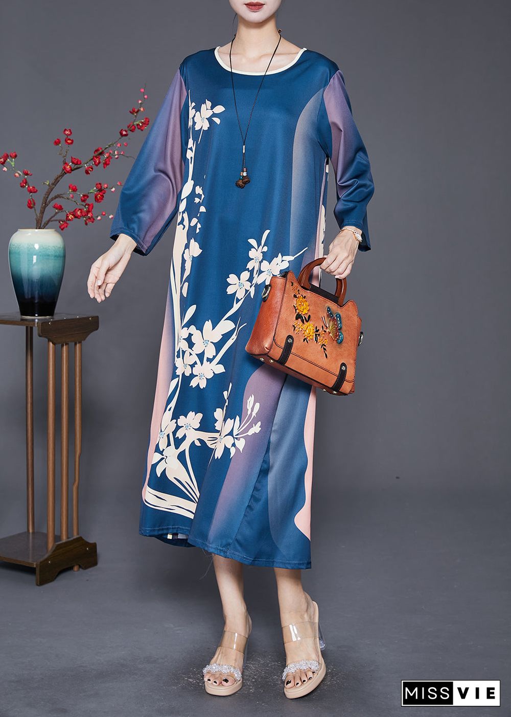 Beautiful Navy Oversized Print Silk Long Dress Fall