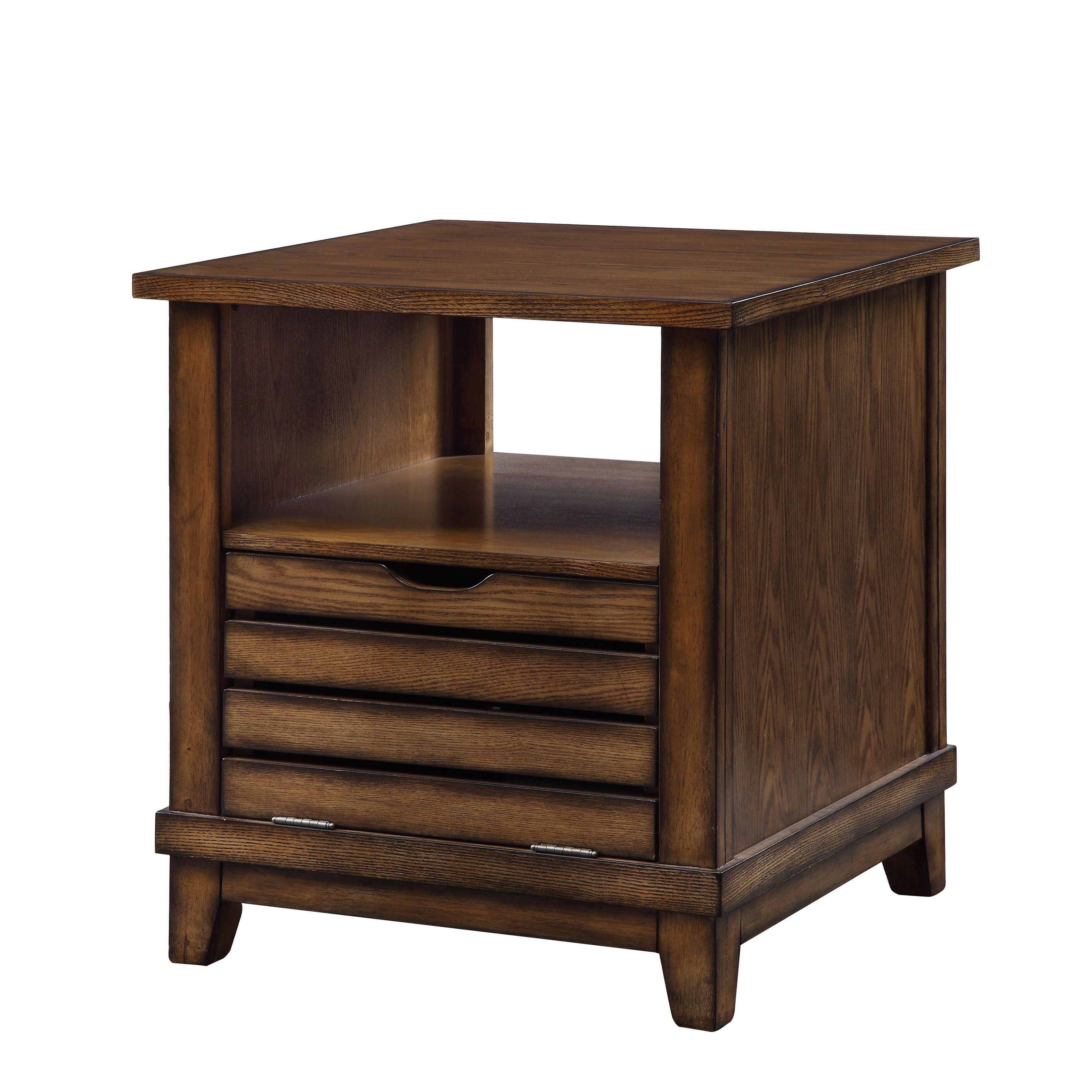 Transitional Style Gabriella End Table with Open Compartment and Drop-Down Doors， Oak