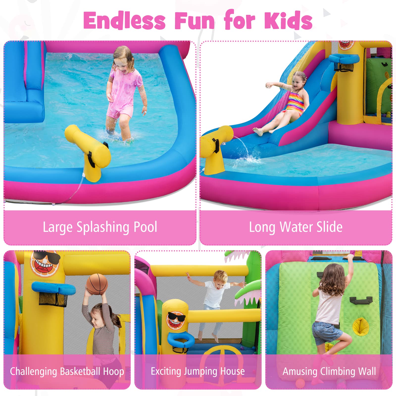 Inflatable Water Slide, Water Bounce House for Kids Backyard Family Fun with Long Slide, Large Jumping Area