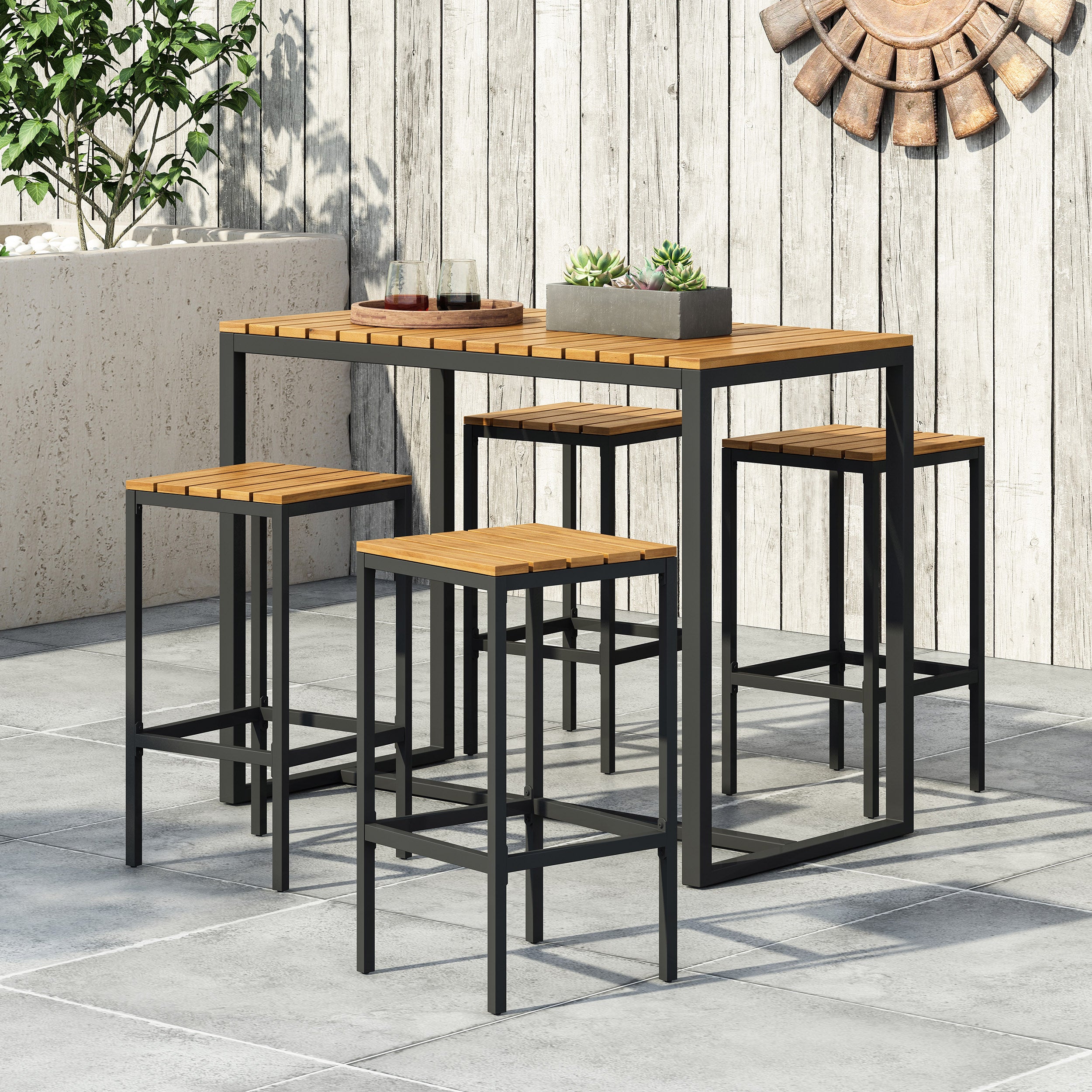 Arath Outdoor Modern Industrial 4 Seater Acacia Wood Bar Set