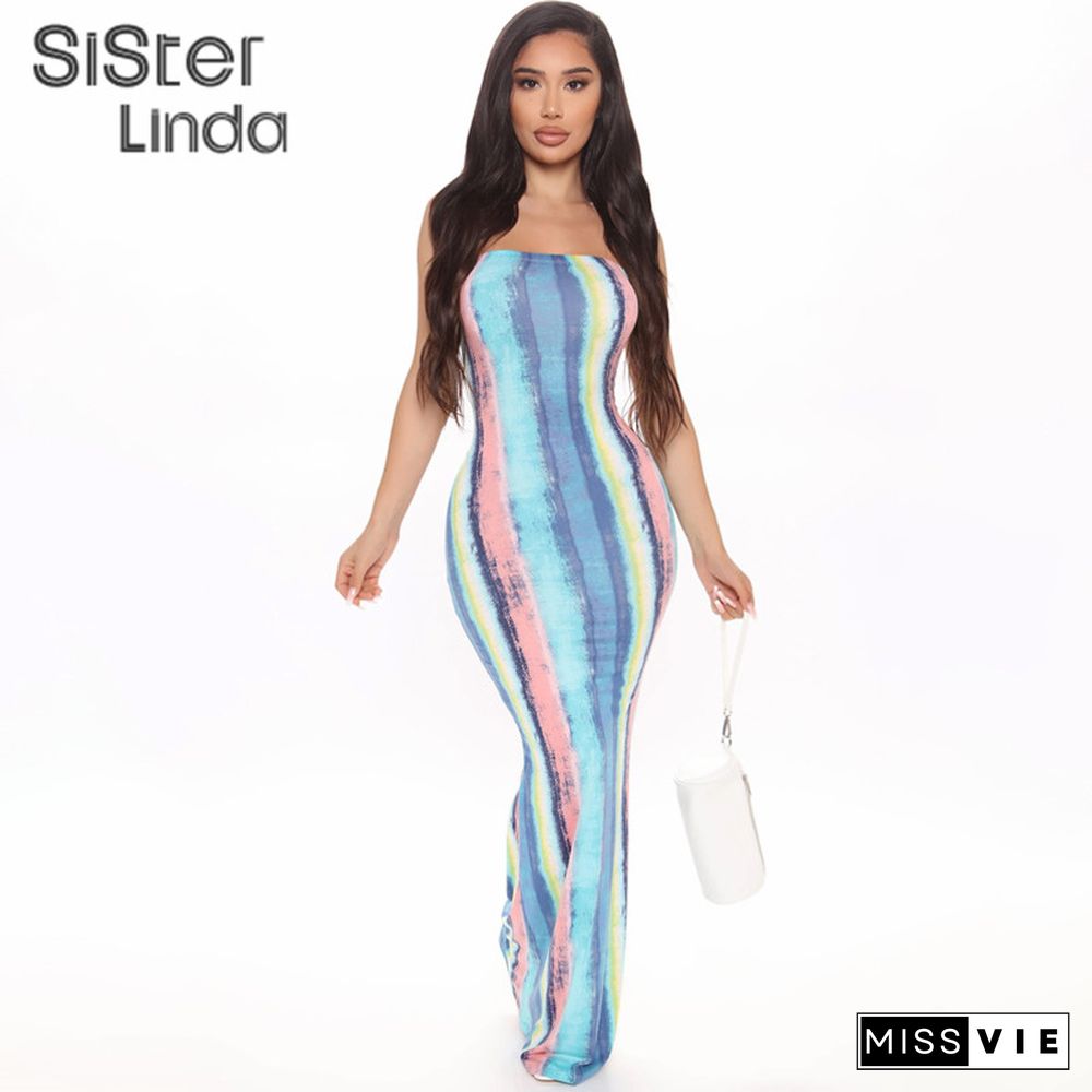 Tie Dye Skinny Strapless Maxi Dresses For Women Casual Street Sleeveless Sexy Tube Clubwear Party Birthday Dress Summer Clothes