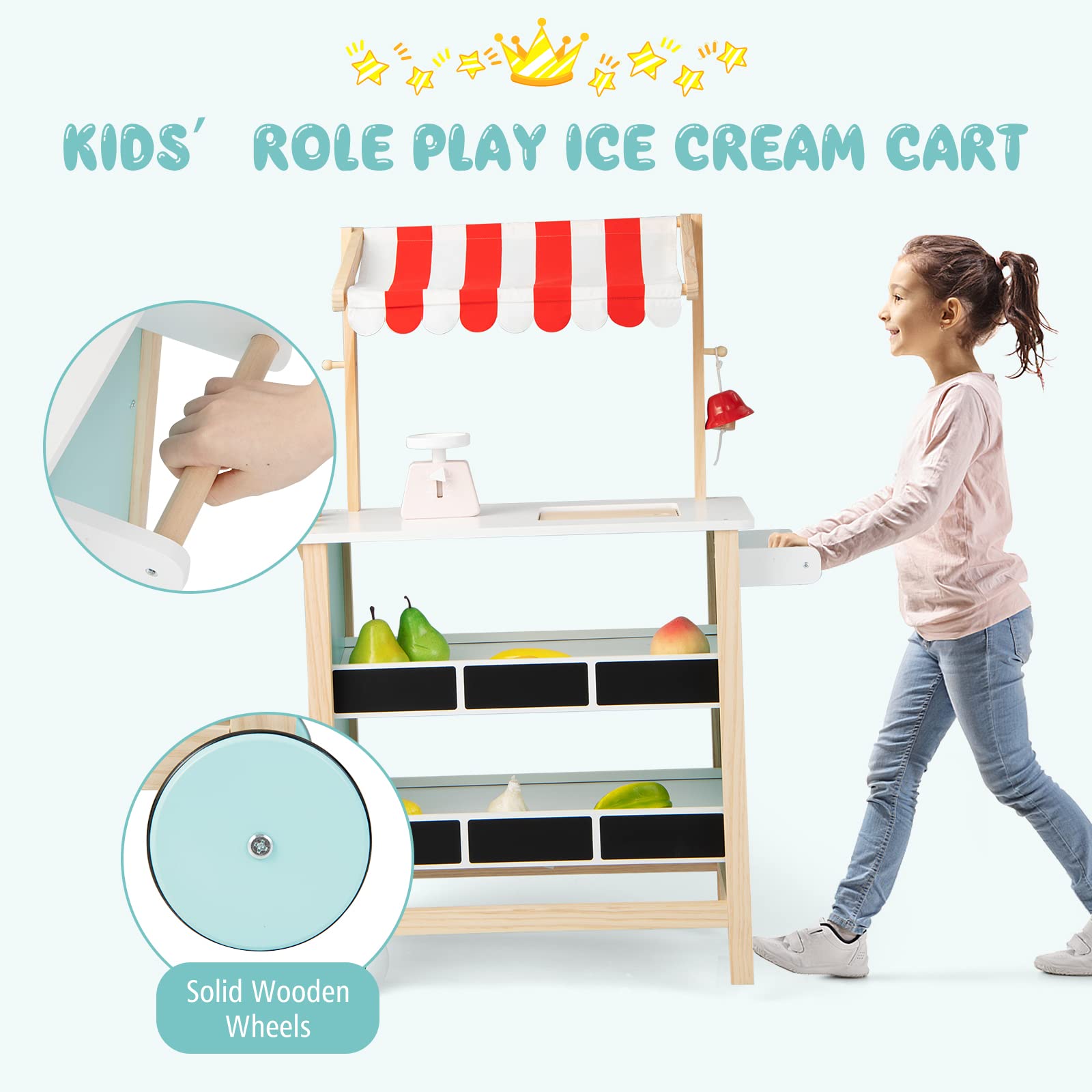 Costzon Kids Pretend Play Grocery Store, Wooden Ice Cream Cart Toy Set