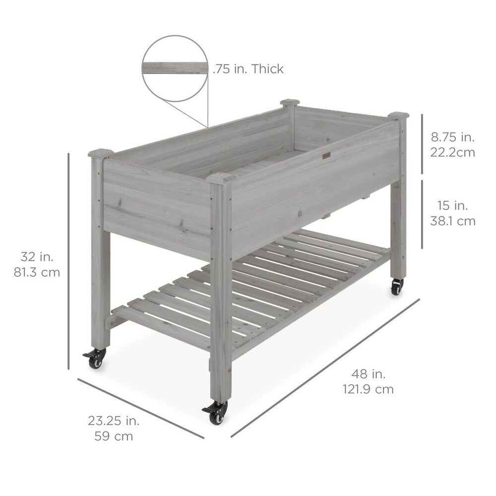 Outdoor Wood Raised Garden Bed Planter Box with Shelf and Locking Wheels   48\