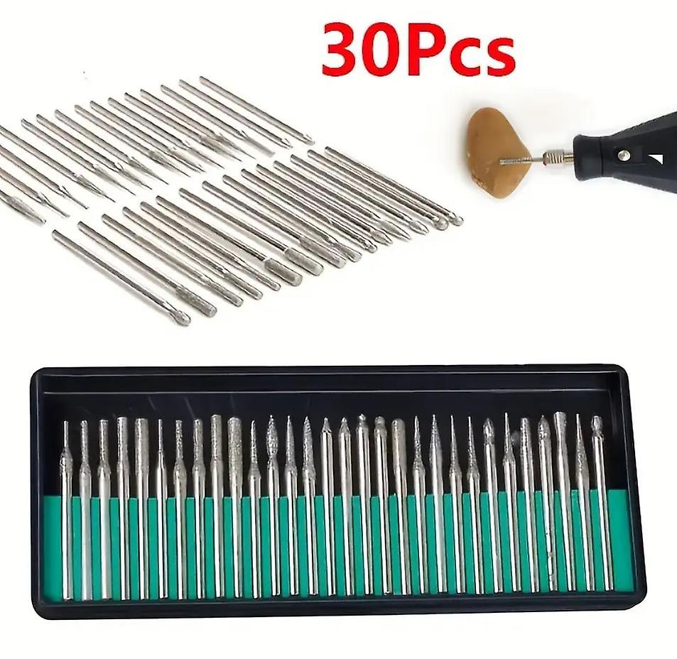 30pcs/set Diamond Burr Bits， Drill Bit Set For Rotary Tools Metal Woodworking Router Sanding Carving - 1/8