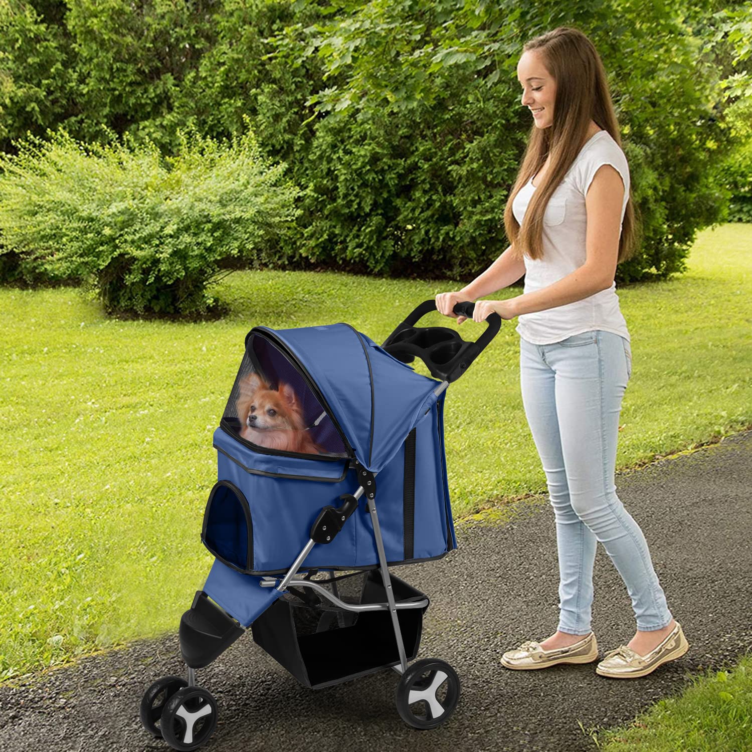 Pet Stroller 3 Wheel Foldable Cat Dog Stroller with Storage Basket and Cup Holder for Small and Medium Cats， Dogs， Puppy (Blue)