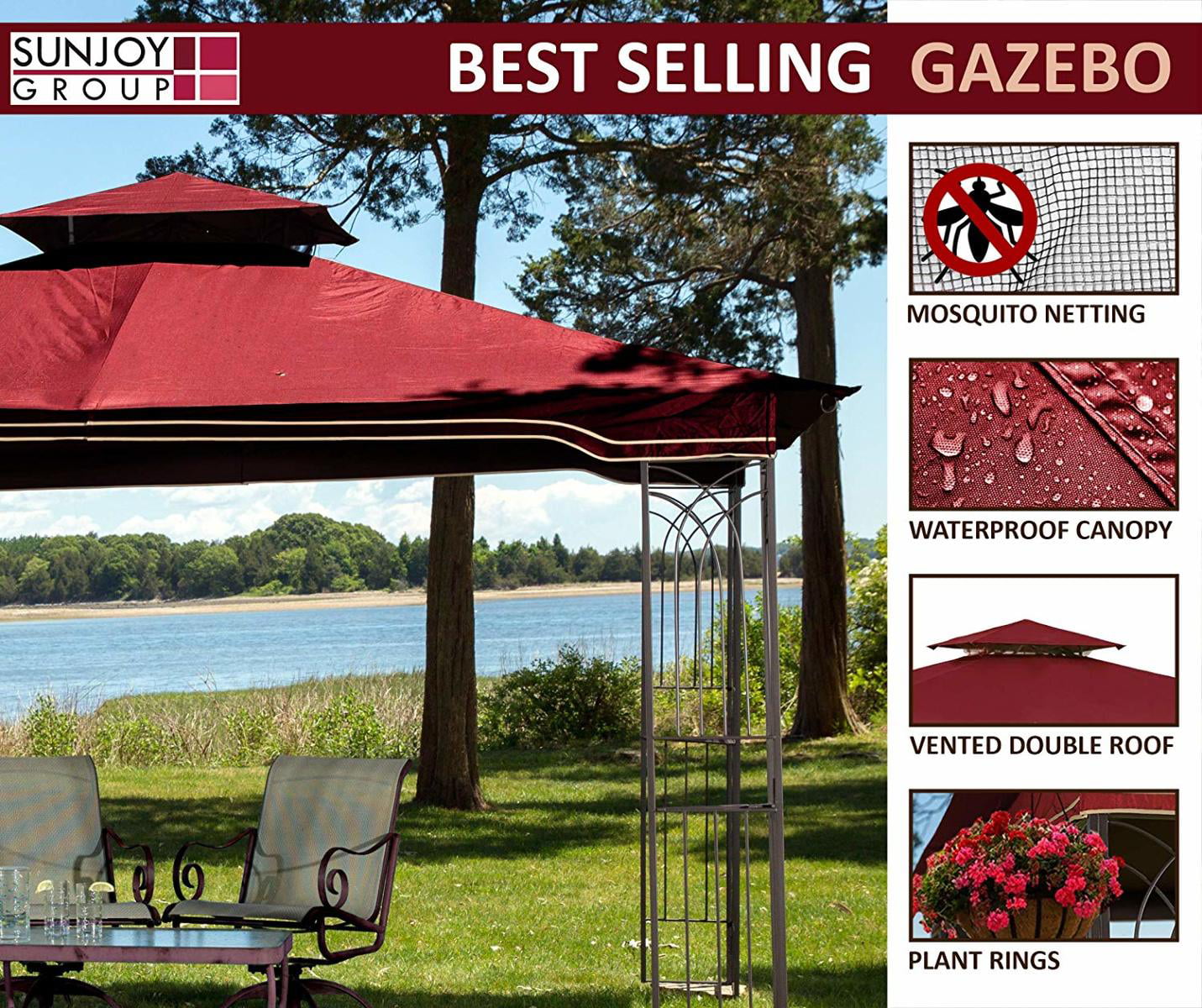 Sunjoy L-GZ798PST-M-A New Regency III Gazebo 10' x 12' with Mosquito Netting, Maroon