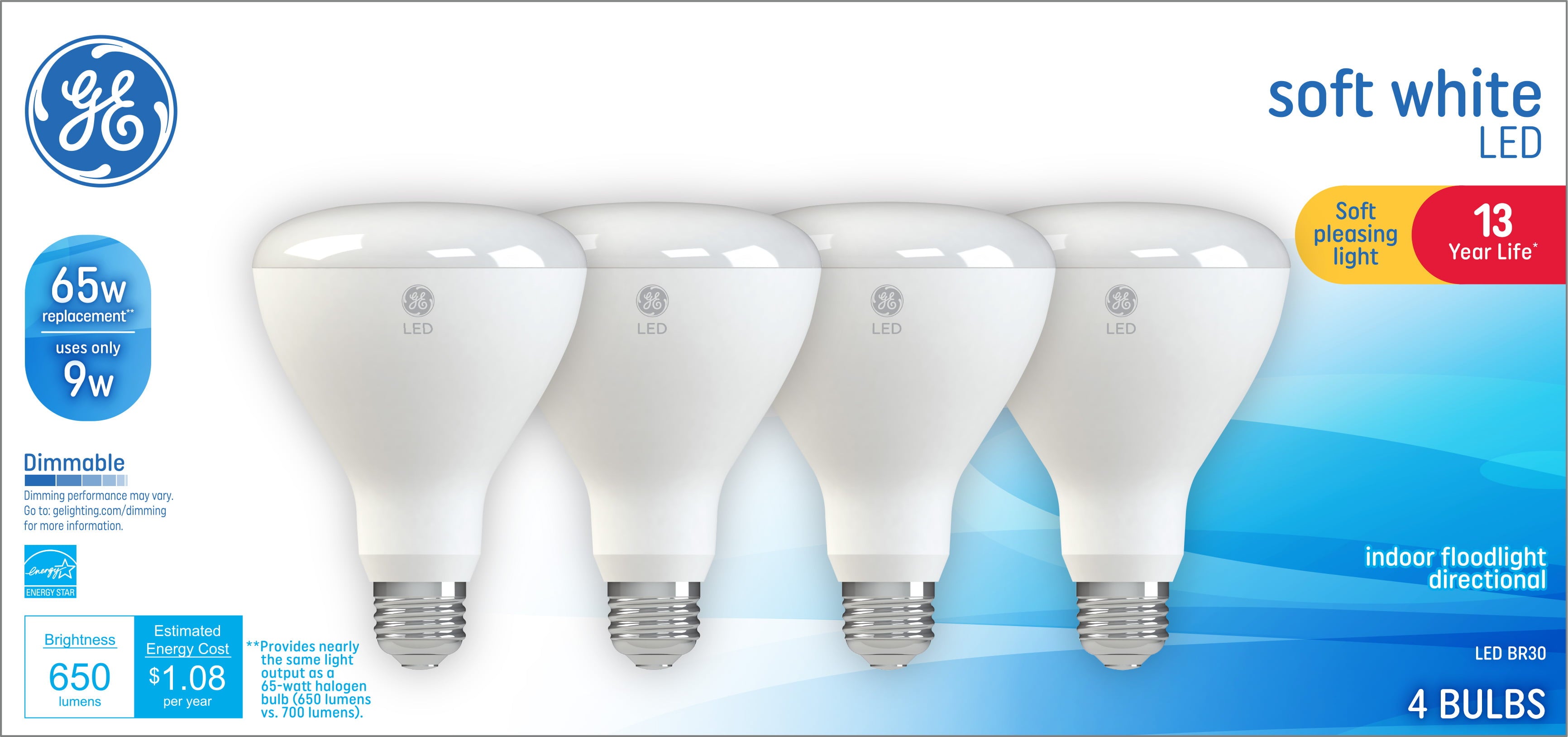 GE LED Floodlight Bulbs， 65 Watt Eqv， Soft White， BR30 Indoor Light Bulbs， 13 year， 4pk