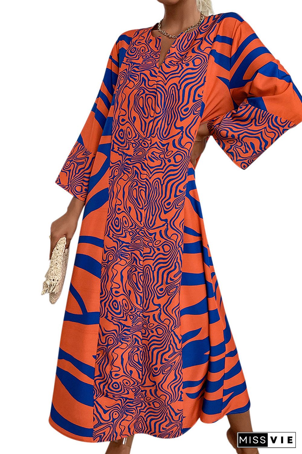 V Neck Orange Oversize Printed Maxi Dress