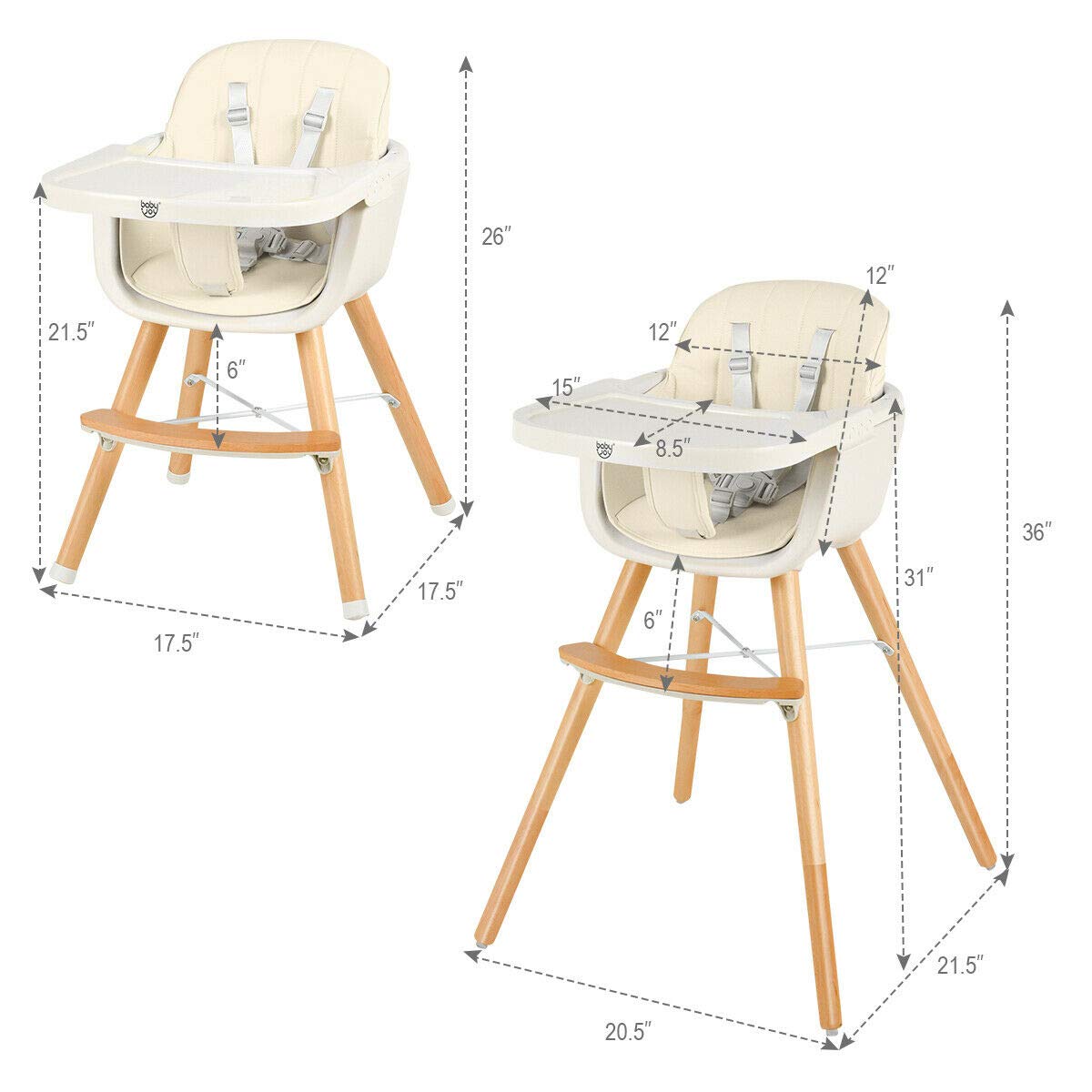 BABY JOY Convertible Baby High Chair, 3 in 1 Wooden Highchair/Booster/Chair with Removable Tray (Beige)