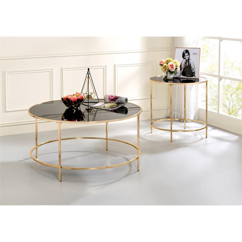 Bowery Hill Contemporary Glass Top Round Coffee Table in Gold