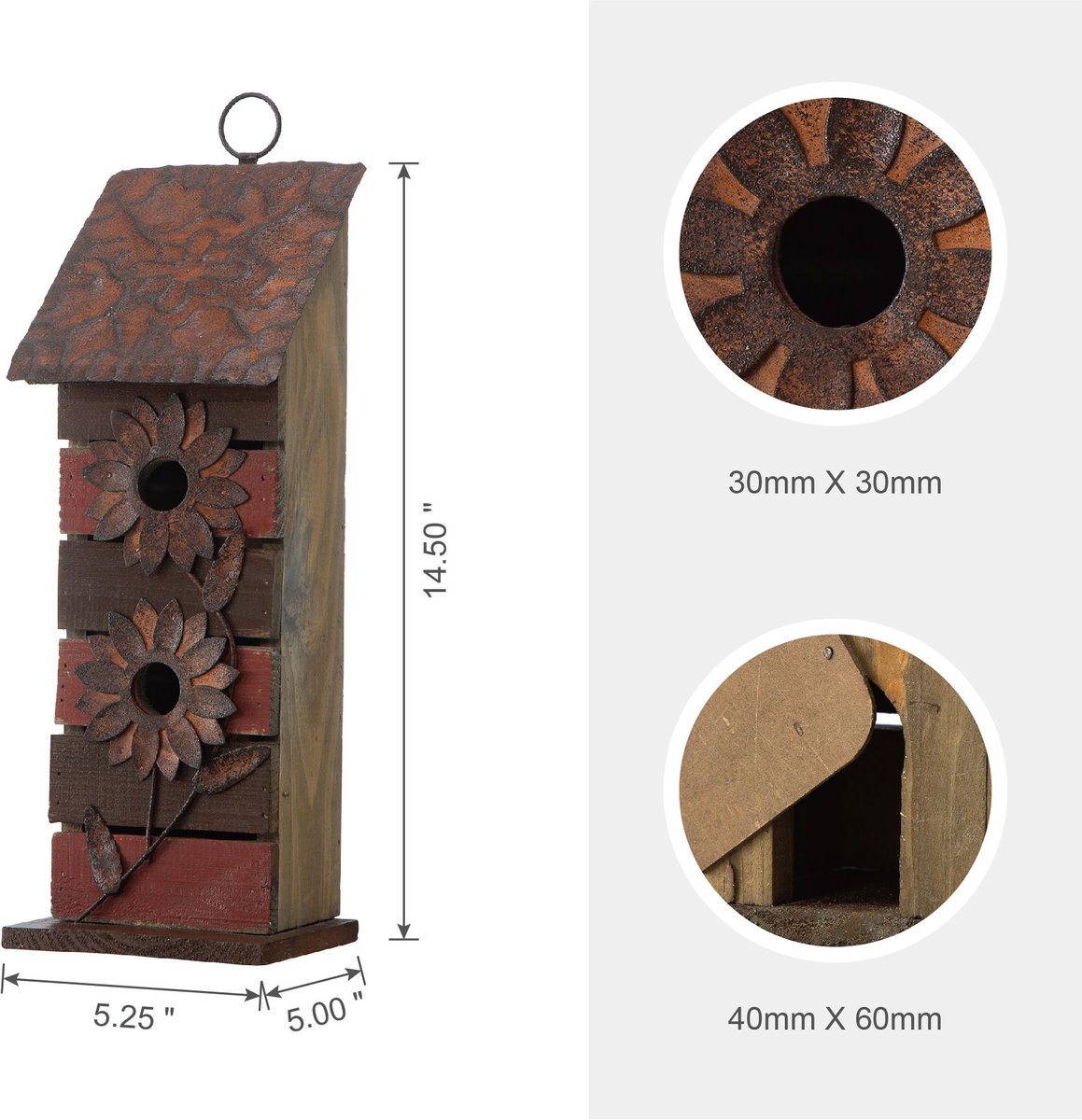 Glitzhome Two-Tiered Distressed Solid Wood Birdhouse with 3D Rustic Flowers