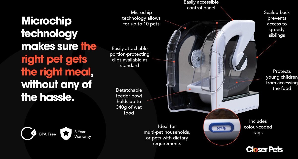 Closer Pets MiBowl Microchip Dog and Cat Feeder， White and Black