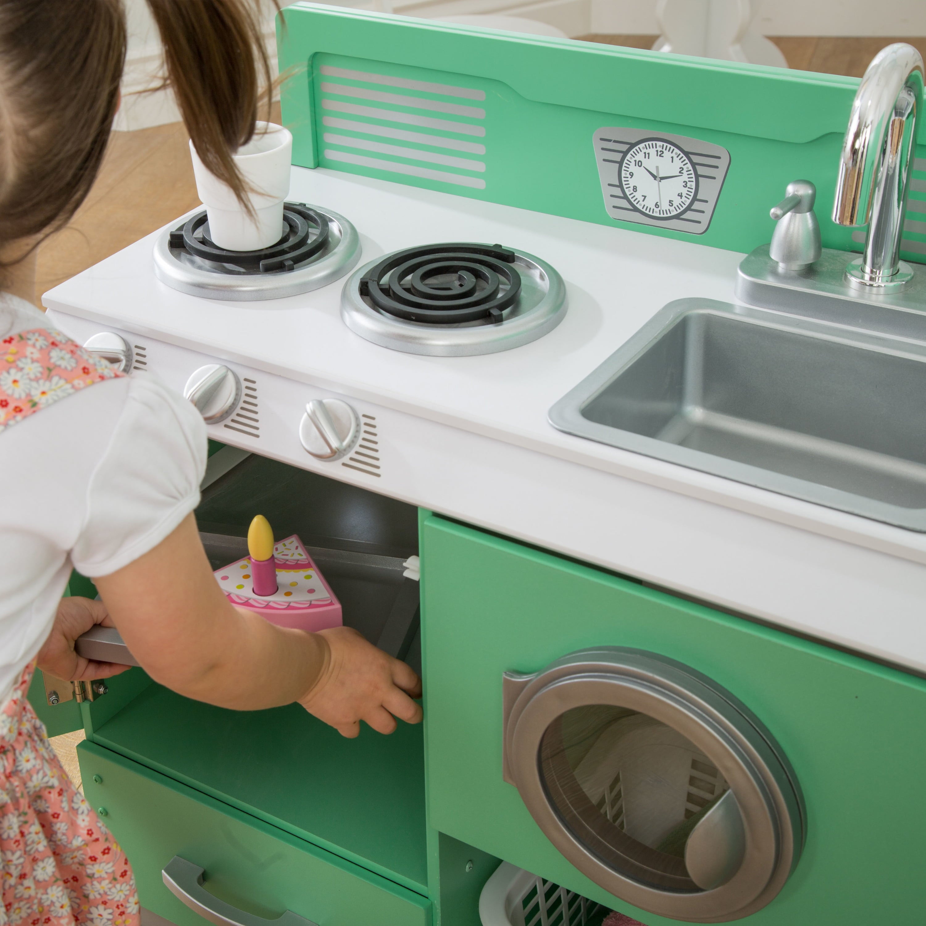 Homestyle 2-Piece Wooden Vintage Play Kitchen Set with Refrigerator, Dryer and Laundry Basket