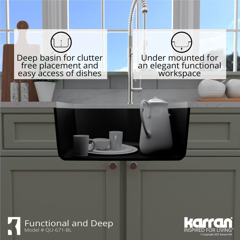 Karran QU-671 QuartzGranite 24 in. Single Bowl Undermount Kitchen Sink in Black with Bottom Grid and Strainer QU-671-BL-PK1