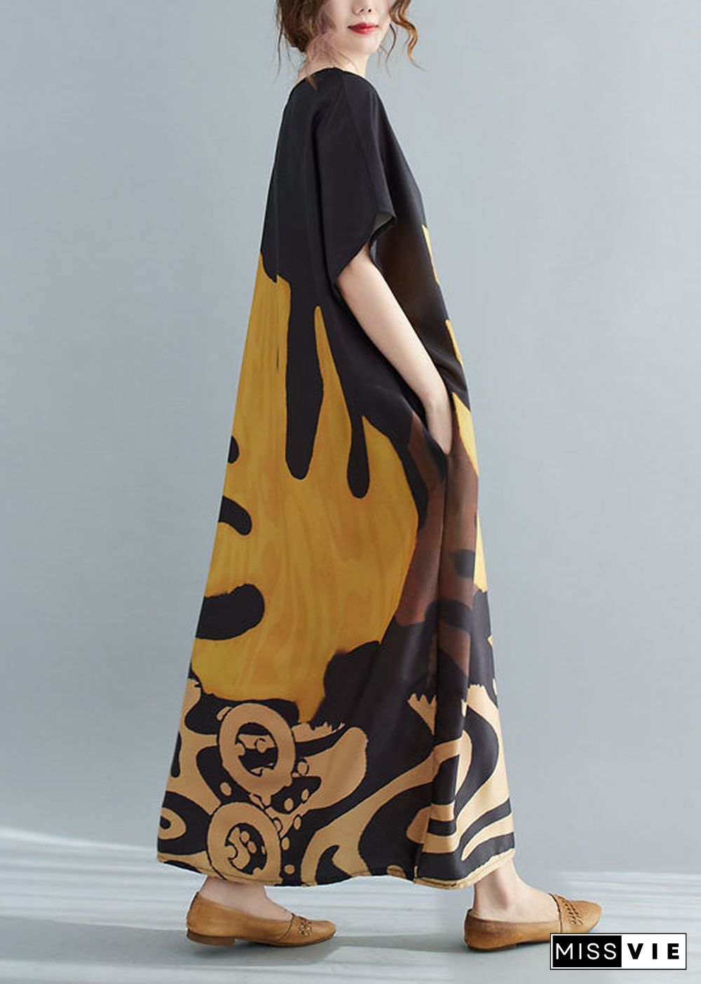 Loose Black - texture V Neck Oversized Leaf Print Chiffon Long Dress Short Sleeve