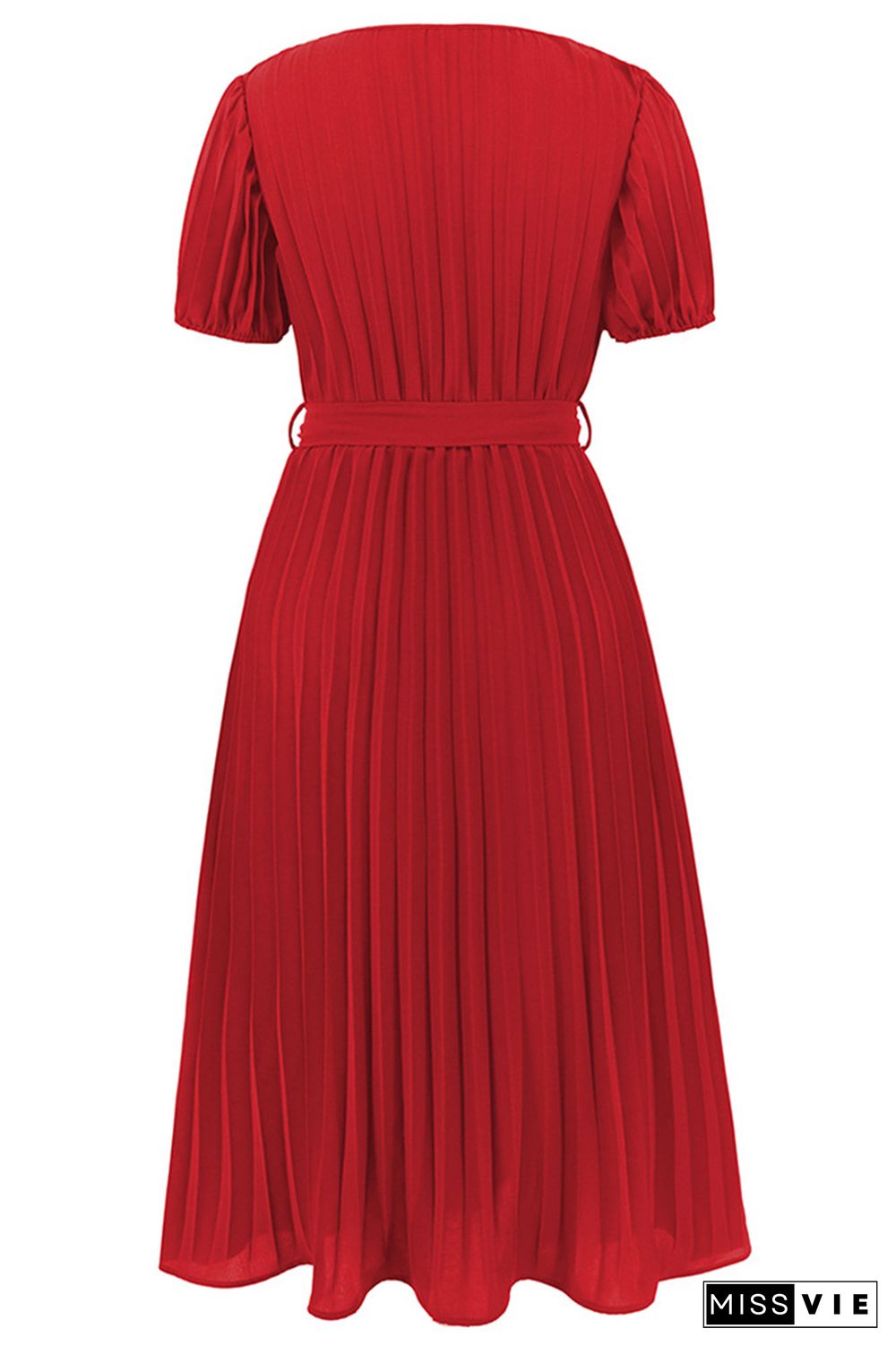 Plain Wrap V Neck Pleated Midi Dress With Sash