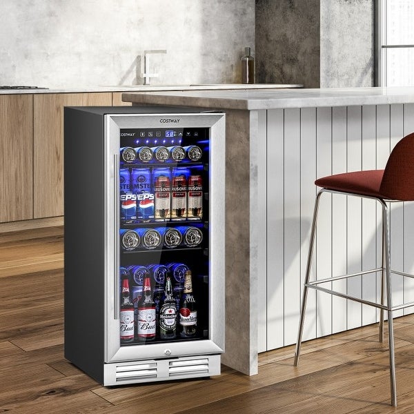 15 Inch 100 Can Built-in Freestanding Beverage Cooler Refrigerator with Adjustable Temperature