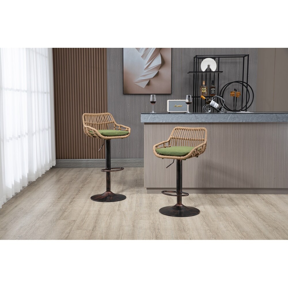 Bar Stools Set of 2 Adjustable Counter Height Dining Chairs  360掳 Swivel Bar Chairs with Rattan Back Linen Cushion   Footrest