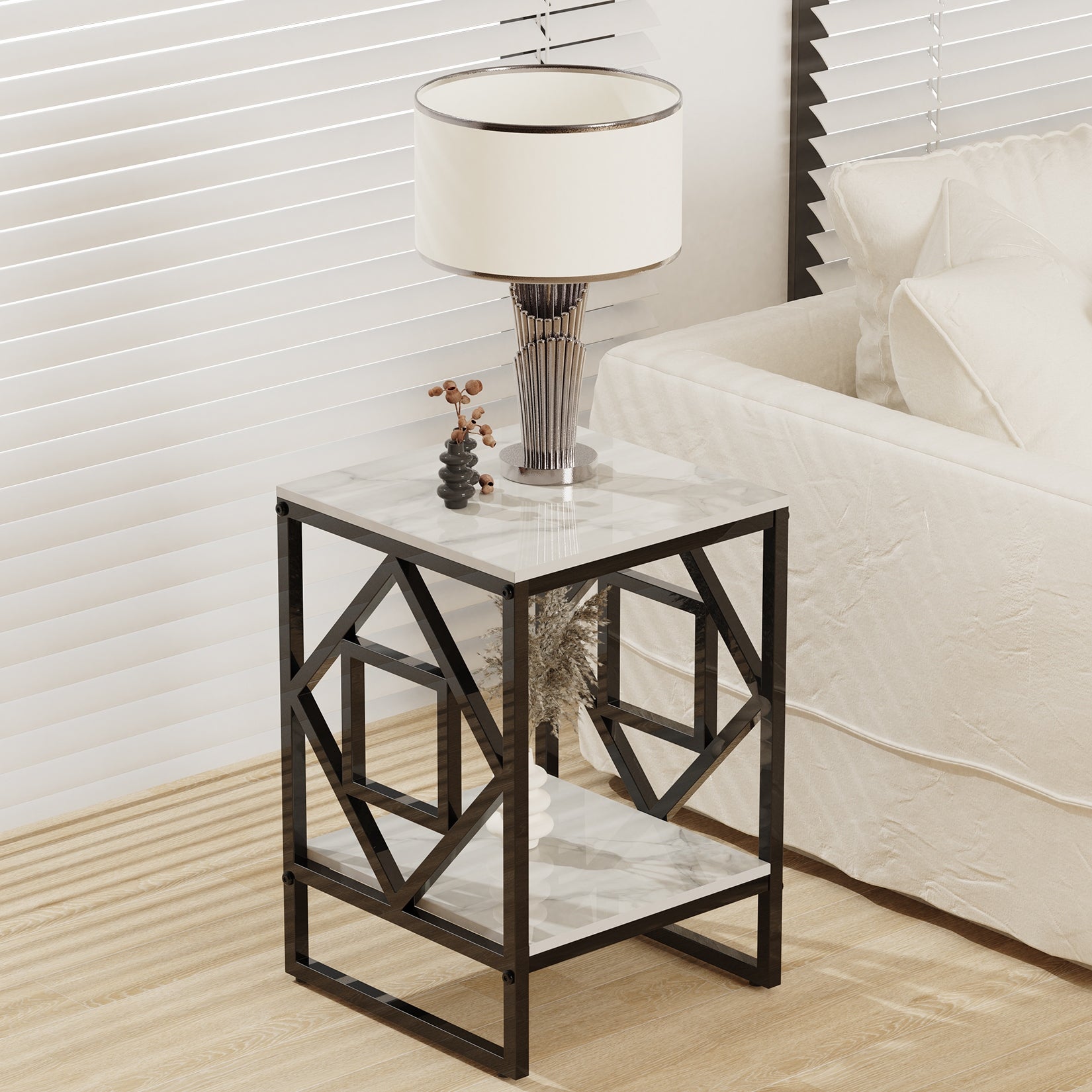 Square 15.7-inch Marble Top with Metal Frame Side Table