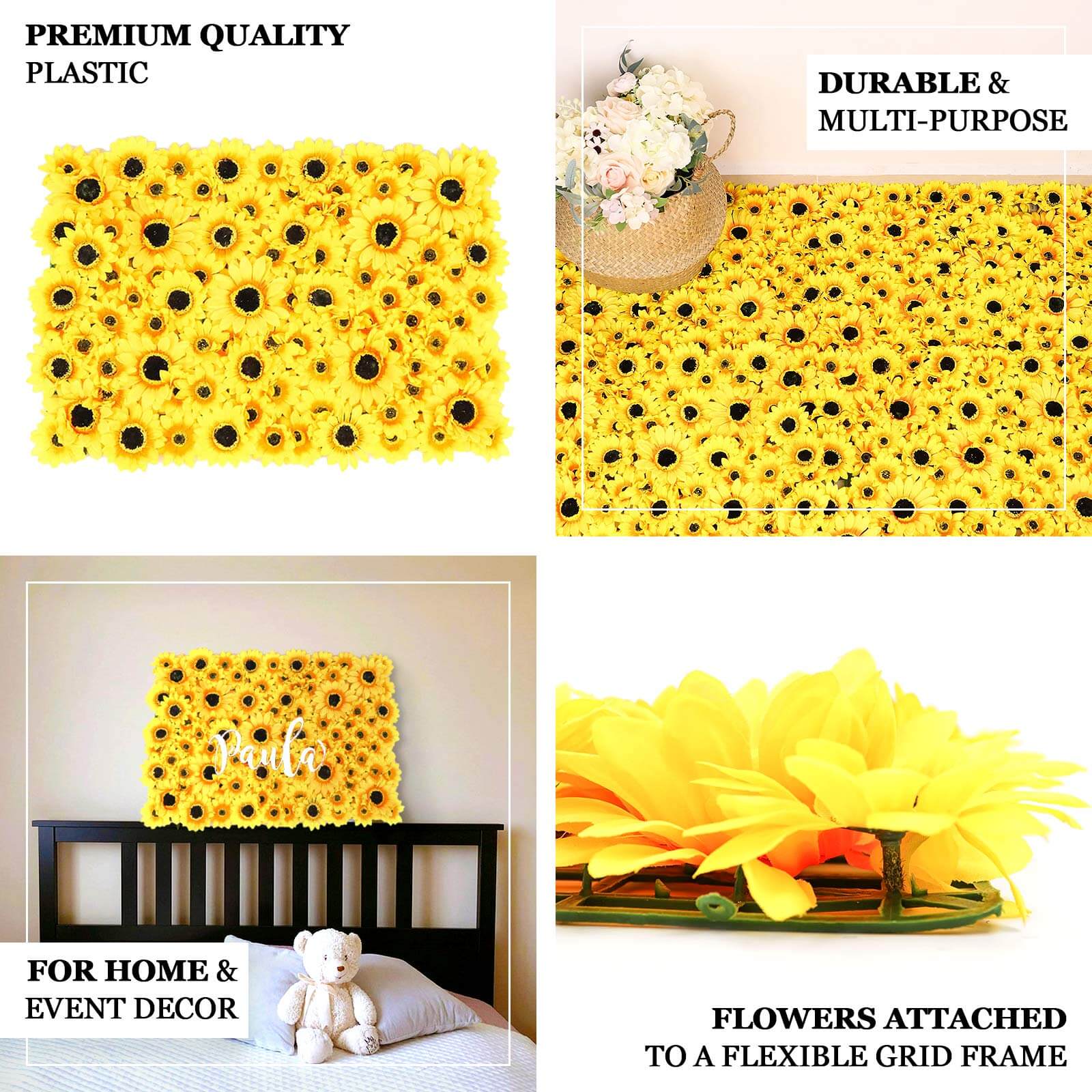 Artificial Sunflower Wall Mat Backdrop, Flower Wall Decor, Indoor/Outdoor UV Protected 4 Artificial Panels 11 Sq ft.