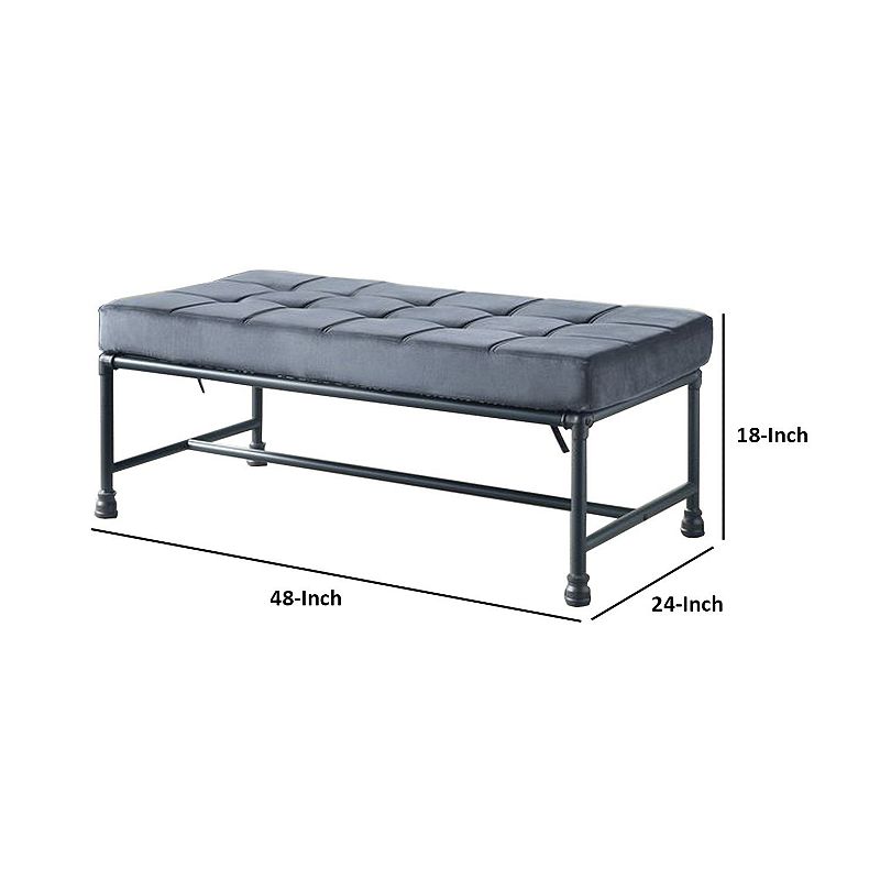 Bench with Button Tufted Seat and Pipe Style Metal Frame， Gray