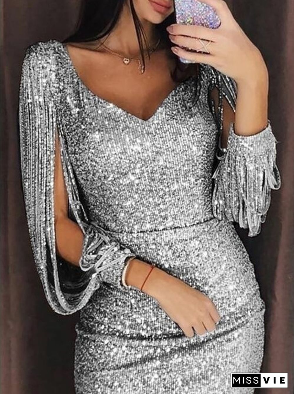 3 Color Xs-8Xl Super Sexy Ladies Vogue Tassels Detail Slit Sleeve Sequin Party Dress Female Nightclub Midi Dresses