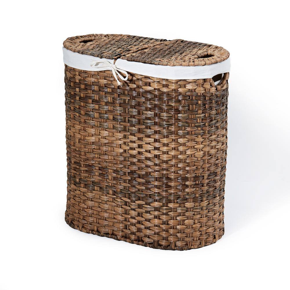 Seville Classics Mocha Hand-Woven Oval Double Laundry Hamper with Removable Liner WEB547