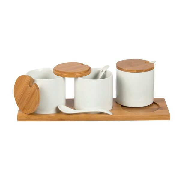 10pc Bamboo and Ceramic Condiment Set - White