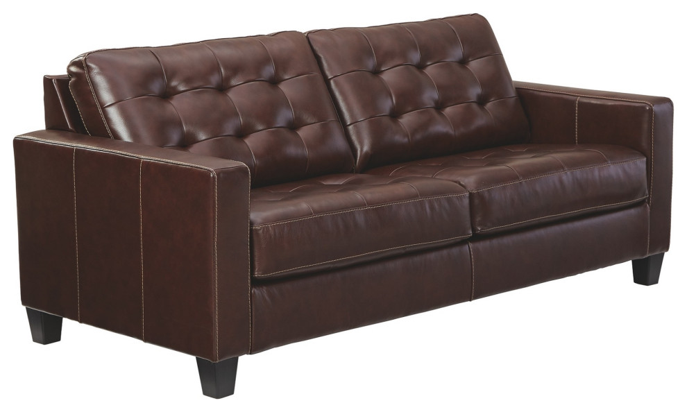 Leatherette Sofa With Track Armrests and Stitched Details  Brown   Transitional   Sofas   by VirVentures  Houzz