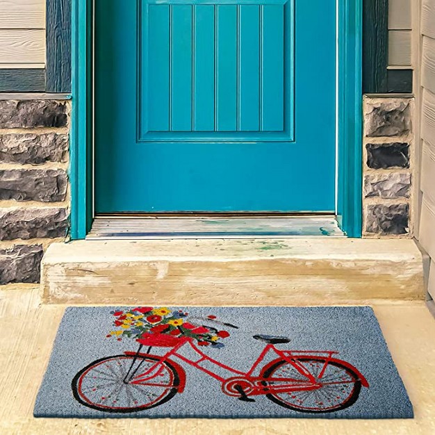 Bike Rider Coir Rectangle Indoor And Outdoor Coir Door Welcome Mat Red Bike On Blue Background