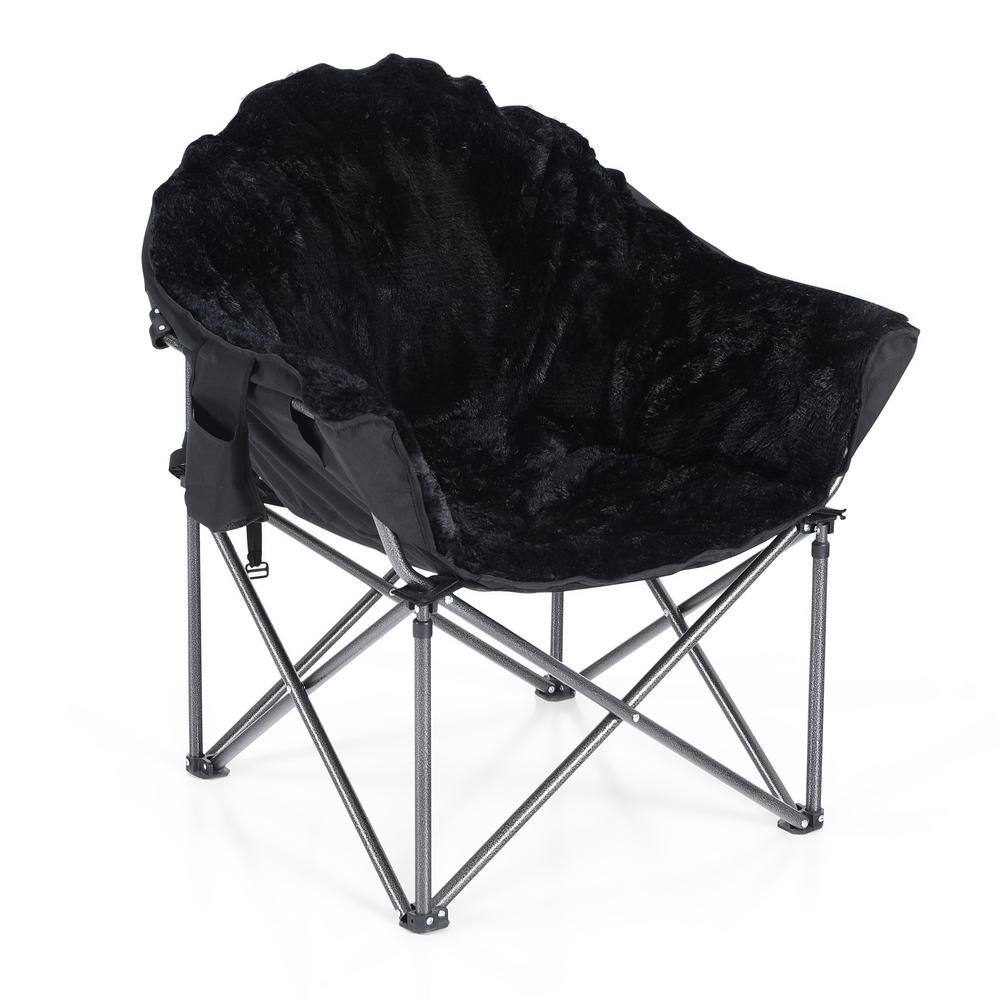 PHI VILLA Folding Luxury Plush Moon Camping Chair Heavy-Duty Saucer Chair With Carrying Bag Soft Black Pedded Outdoor and Indoor THD-E01CC0401-00409