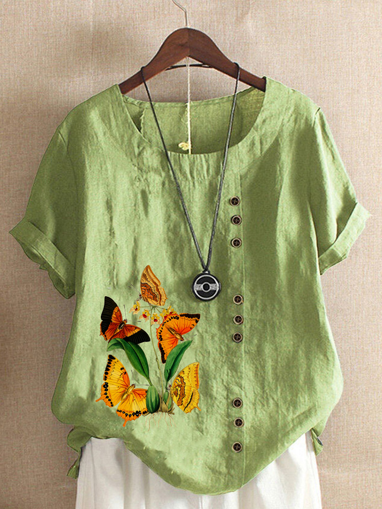 Round Neck Casual Loose Butterfly Short Sleeve Blouse