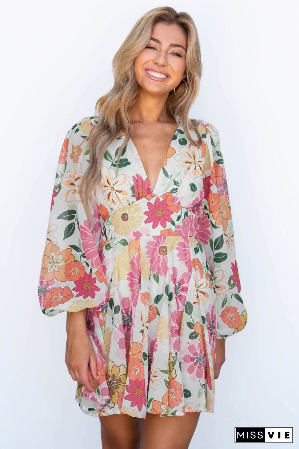 White Boho V Neck Bubble Sleeves Floral Dress