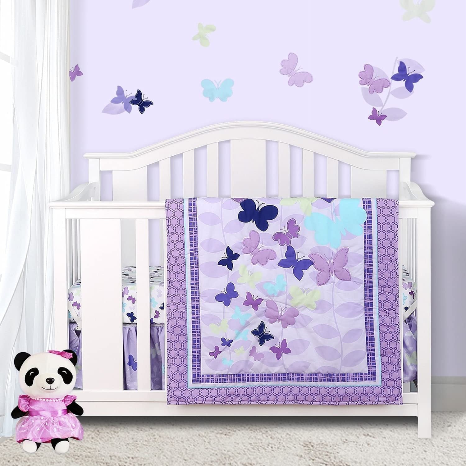 Sweet Baba Luxury 4 Piece Butterfly Crib Bedding Set，Purple Crib Set for Baby Girls，Microfiber Printed Nursery Bedding Set with Comforter/Skirt/Crib Sheet/Blanket， Cotton Crib Set