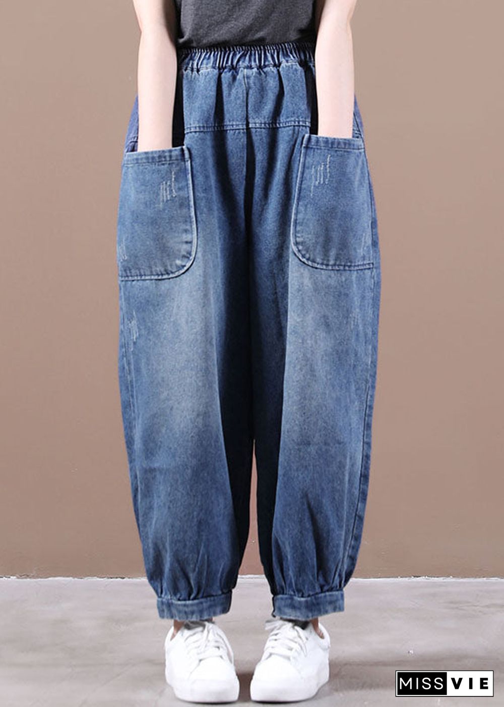 Fashion Denim Blue Elastic Waist Pockets Patchwork Cotton Harem Pants Fall