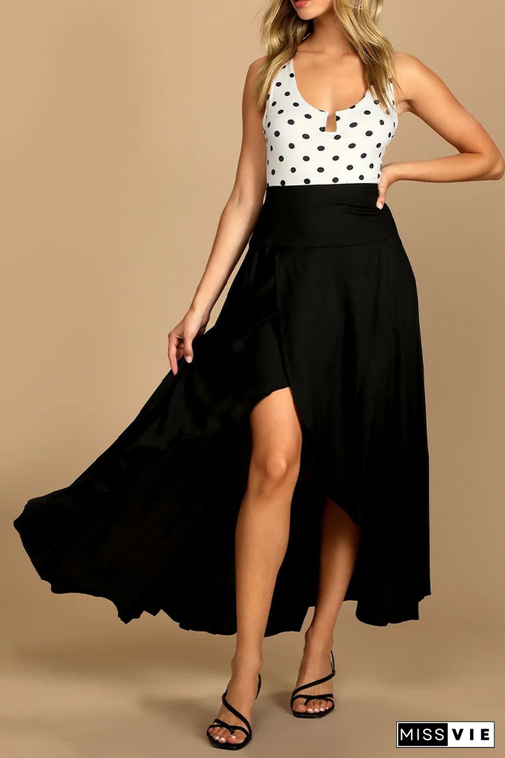 High Waist Plain Split Ruffle Skirt Dress