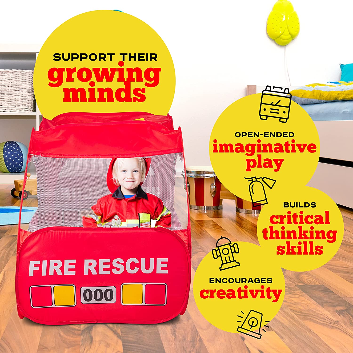 Fire Truck Pop Up Play Tent | Siren Sound Button | Firefighter Costume, Jacket and Hat– Red Fire Engine Playhouse for Kids, Toddlers, Boys, Indoors and Outdoors – Quick Setup Pretend Play Toys and Gift