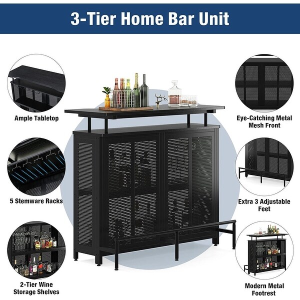 3 Tier Home Bar Unit， Wine Bar Table with Stemware Racks and Shelves