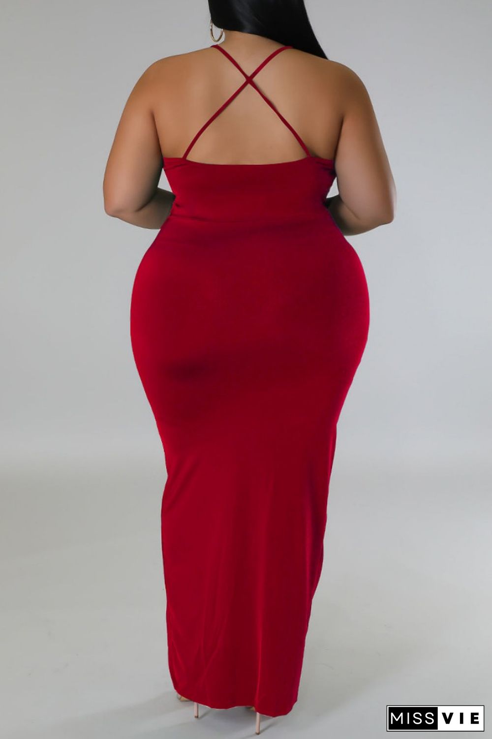 Red Sexy Solid Patchwork Backless V Neck Sling Dress Plus Size Dresses