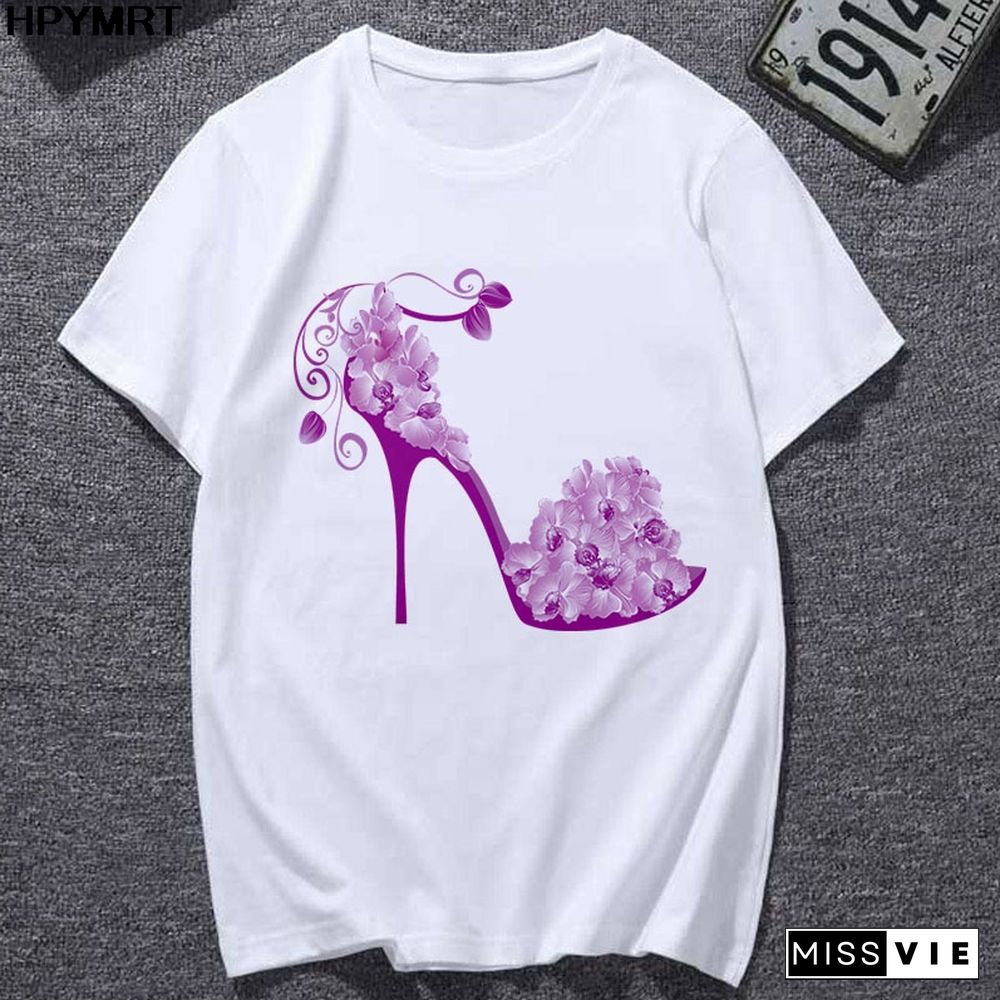 Summer Newest T-Shirts Women Watercolor High Heels Printed Femme T-shirt