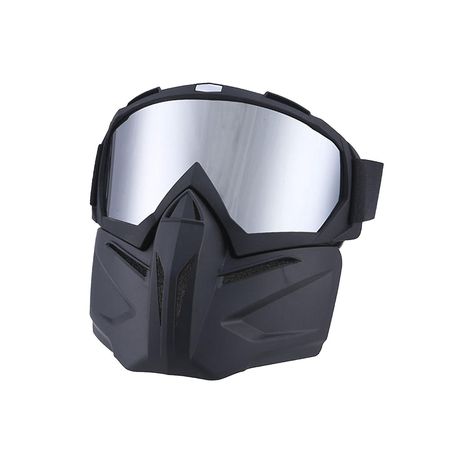 Motorcycle Helmet Riding Goggles Glasses With Face Mask Bicycle Face Shield Silver Lens