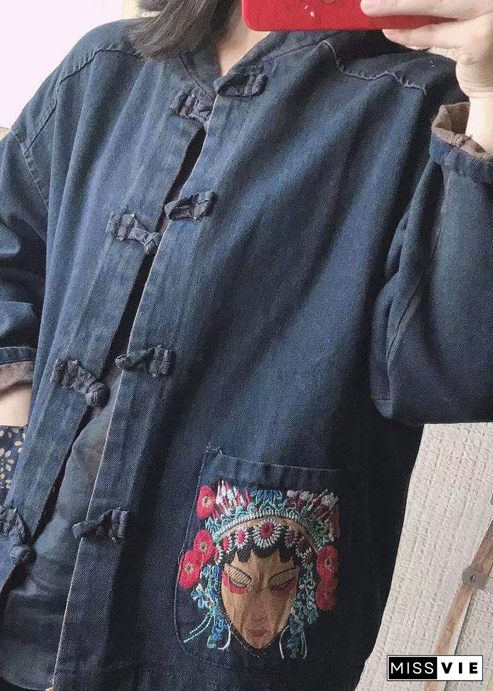 Women Black Stand Collar Embroideried Button Pockets Cotton Denim Coats Long Sleeve