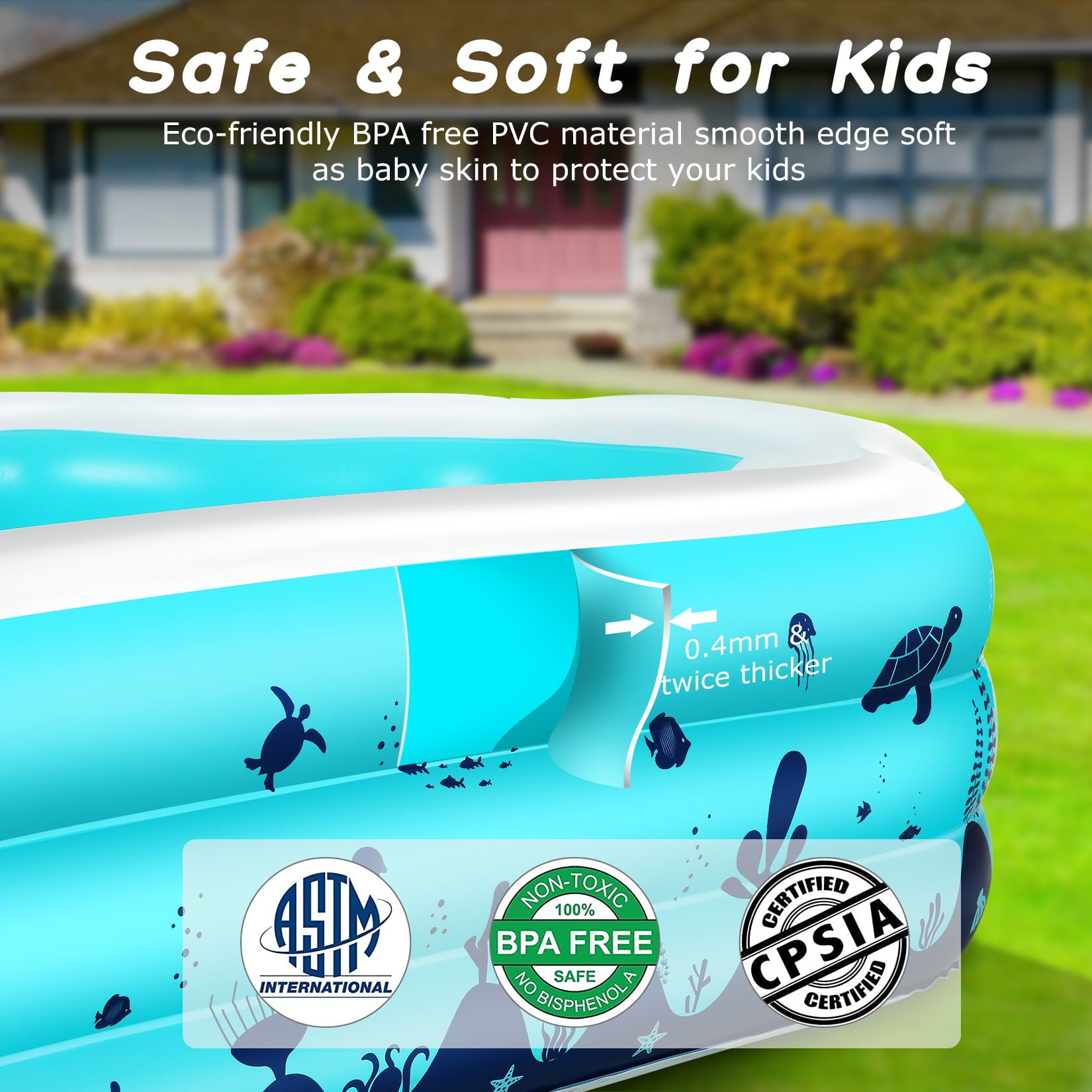 Funcid Inflatable Pool， Inflatable Swimming Pool for Kids and Adults， 120 X 72 X 20 Oversized Thickened Family Swimming Pool with Seat and Backrest for Backyard， Garden， Outdoor Fun