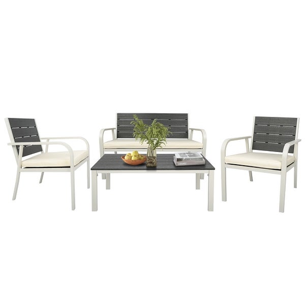 4-Pieces Outdoor Patio Garden Furniture Sets for 4， All-Weather Steel Frame Conversation Sofa Sets with Cushions and Coffee Table - Overstock - 37459403