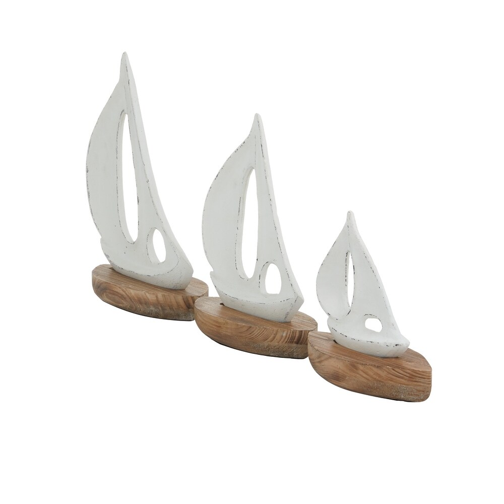 White or Blue Wood Sail Boat Sculpture with Wood Base (Set of 3)   S/3 11\